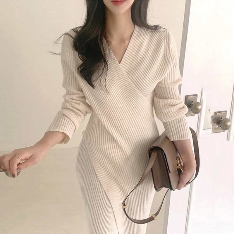 

New Winter V Neck Designer Apricot Black Jumper Dresses 2022 Knitted Pollover Warm Thick Korean Sweater Dress Women Woman Solid