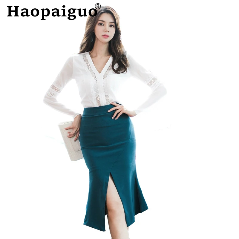 

2019 Autumn Winter Women's OL Work Office Two Piece Set V-neck White Chiffon Blouse and Green Tight Bpackage Hip Skirt Women Set