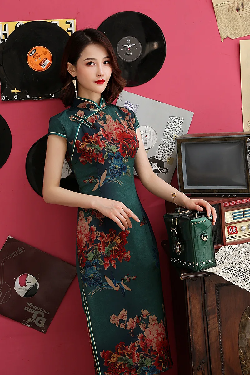 Винтажное женское платье Ципао с цветочным принтом в классическом китайском стиле, элегантное тонкое вечернее платье размера плюс M-4XL