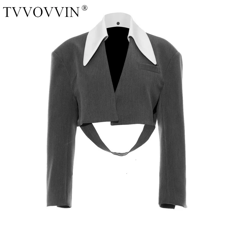 TVVOVVIN, Женский блейзер, съемный воротник, длинный рукав, Женское пальто, костюмы, короткие, для девушек, серый, Блейзер, высокая талия, женский костюм, куртки, X443