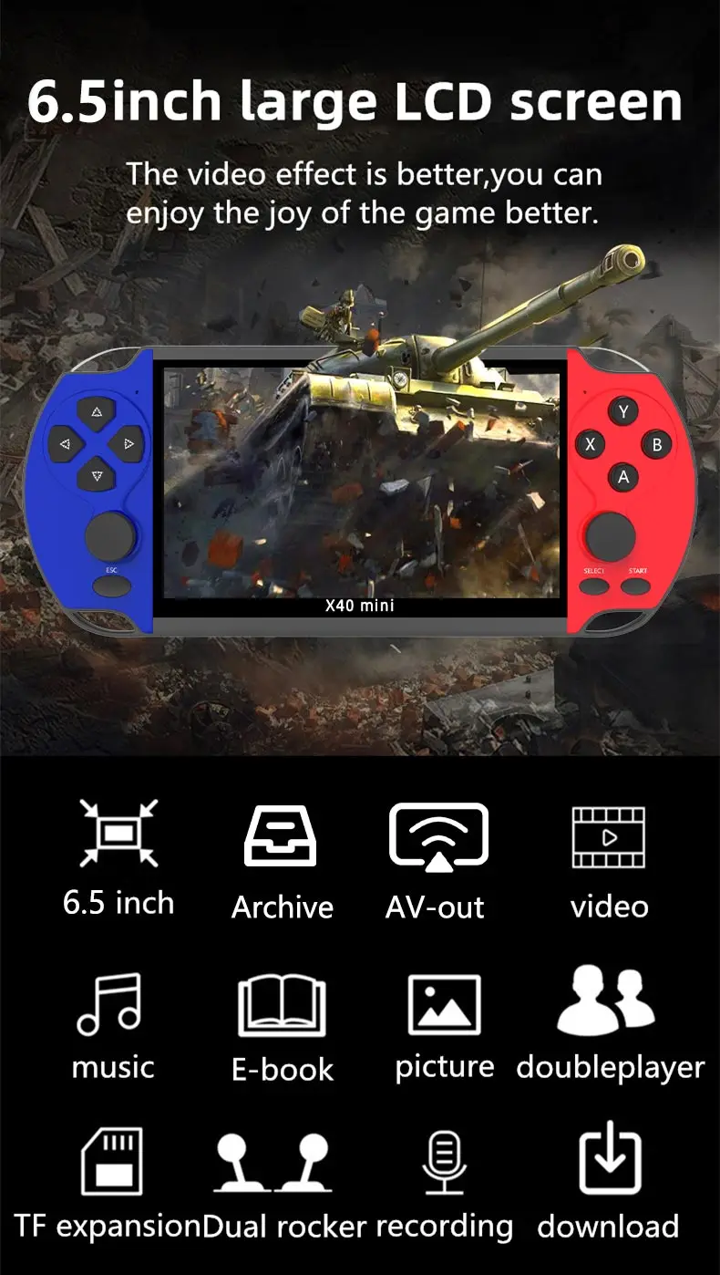 CZT 6.5-inch Colorful wireless double player game console built-in 9100 games  arcade/neogeo/gbc/snes/fc/md multi-emulator mp4
