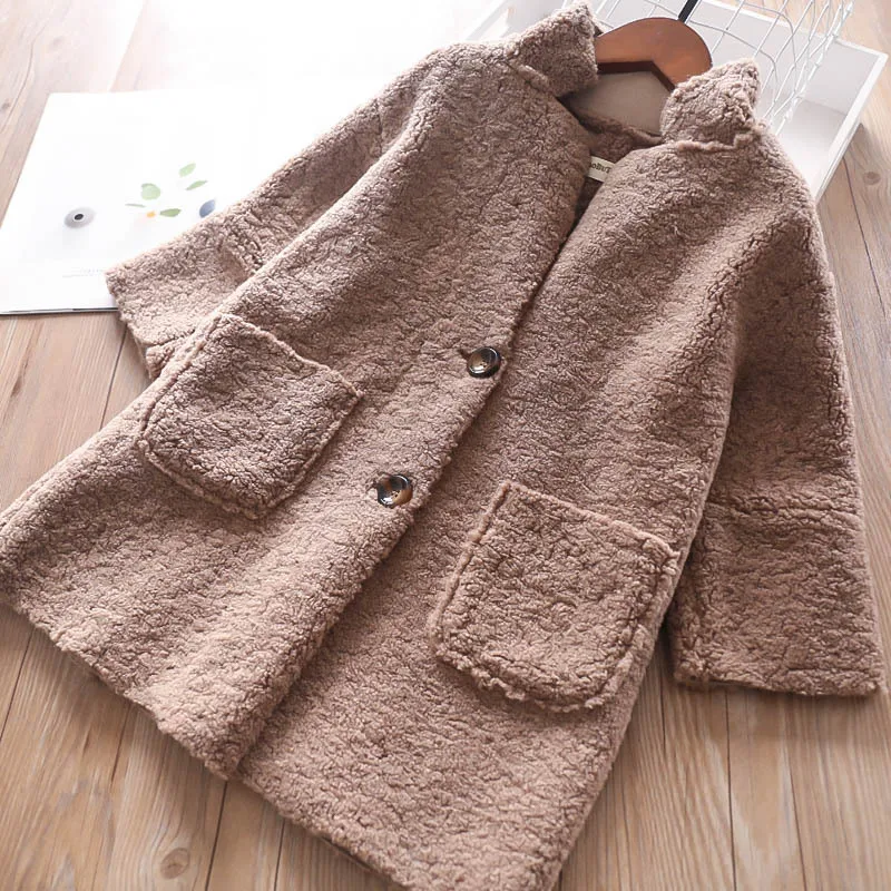 Autumn and Winter Girls Double-pocket Lamb Flannel Overcoat Children's Outerwear Wholesale