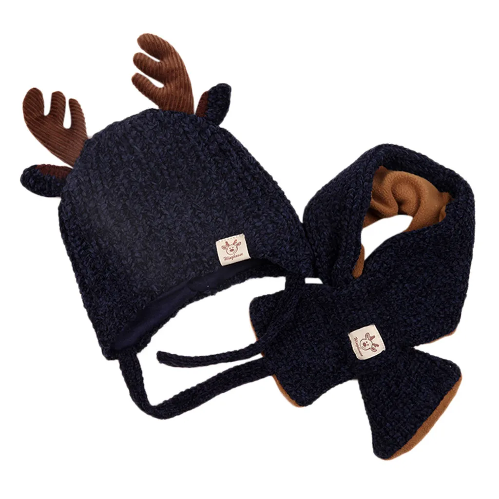 2 шт., детская зимняя шляпа оленя, шарф, набор для девочек и мальчиков, рождественские шапки, детский чепчик, Мультяшные милые шапки, реквизит для фотосессии - Цвет: Blue