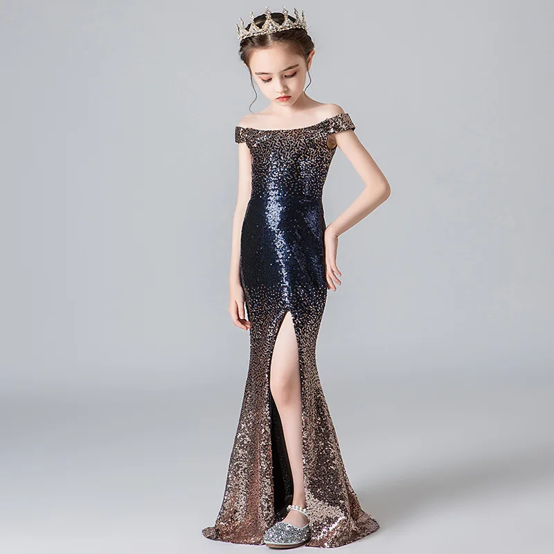 

Child Girls Pageant Formal Puffy Dresses Off Shoulder Sequined Evening Party Maxi Mermaid Dress Evening Birthday Ball Gown Prom