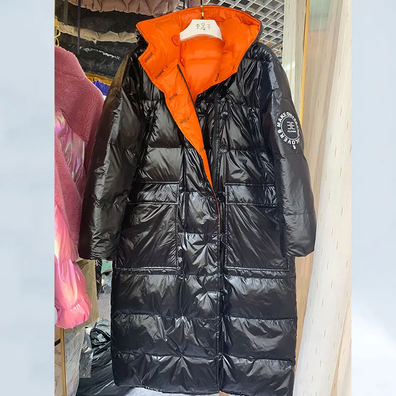 Европейский двухсторонний Зимний пуховик женский длинный жакет с капюшоном Женская мода с буквенным принтом Тонкое зимнее женское пальто 278