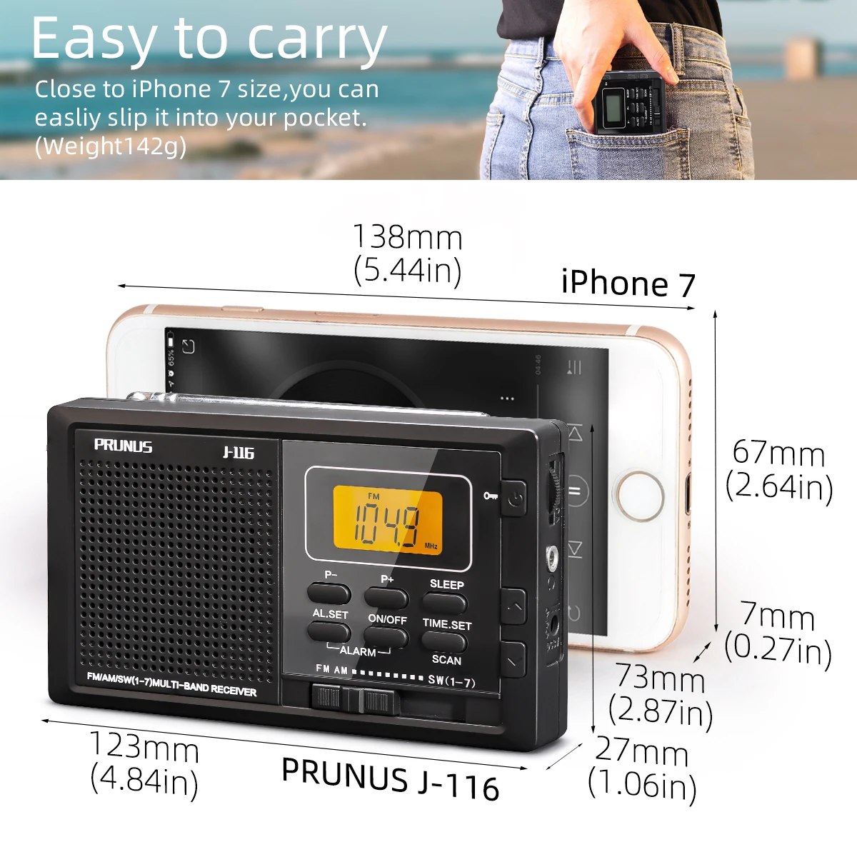 Портативный радиоприемник PRUNUS FM AM SW 9 диапазонов цифровые часы радио с разъемом