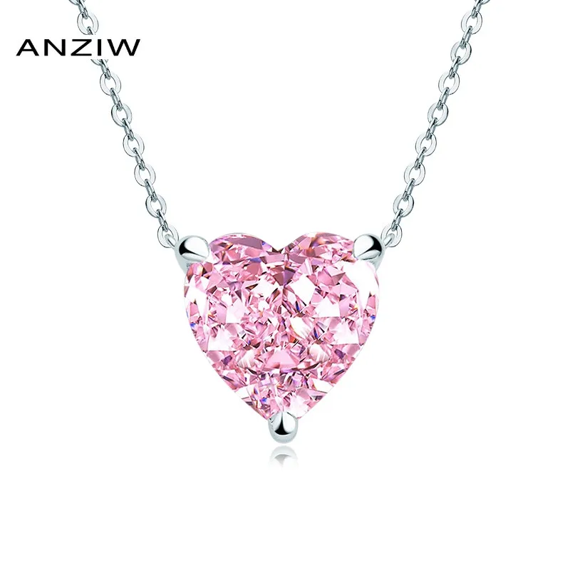 

Anziw Sterling Silver Sweet Heart Shaped 6ct Solitaire Shiny Perfect Cut Created Pink Gemstone Pendant Necklace for Women