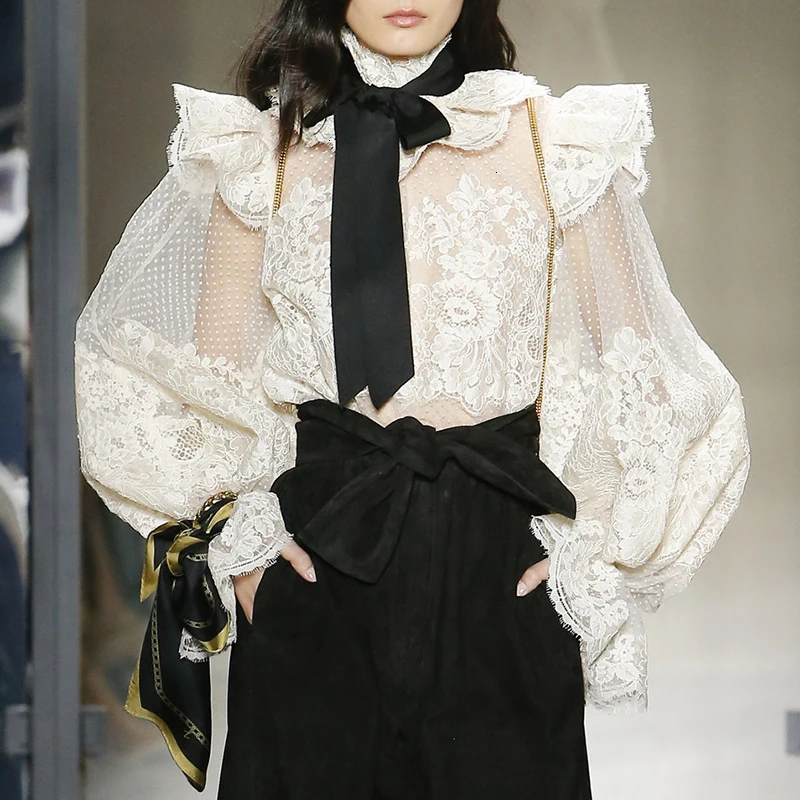 

Lace Perspective Sexy Shirt For Women Stand Collar Bowknot Lace Up Lantern Sleeve Patchwork Blouse Female fashion 2019 New