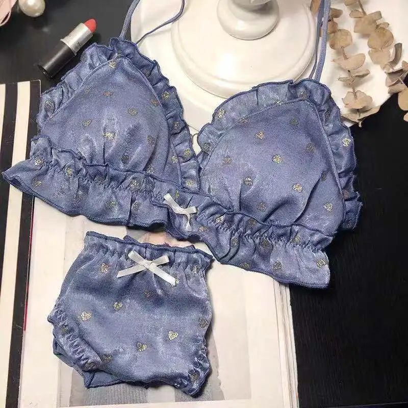 

Japanese Girls Lingerie Set Underwear Women Lingeire Ultra-thin Bra and Panty Set Wire Free Bra Thong Sets White Pink Blue 2pcs