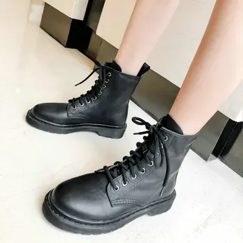 

Genuine Leather Riding Boots Women Fashion Round Toe Thick Heels Ankle Boots Female Cowhide Short Boots Black Size 33-42