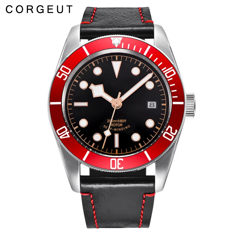 Corgeut 41 мм автоматические механические часы для мужчин люксовый бренд военный светящийся дайвер календарь часы кожаный ремешок мужские наручные часы