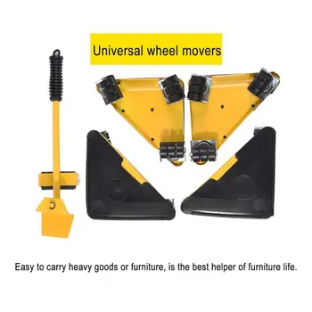 

5PCS Furniture Transport Lifter Heavy Stuffs Moving Tool Set Furniture Mover Tool 4 Wheeled Mover Roller+1 Wheel Bar Hand Tool
