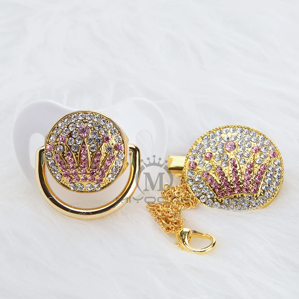 BLING bling из золота с уникальным дизайном розовая Корона соска и клип набор BPA бесплатно sgs пройти безопасное детское зубное кольцо держатель APCG