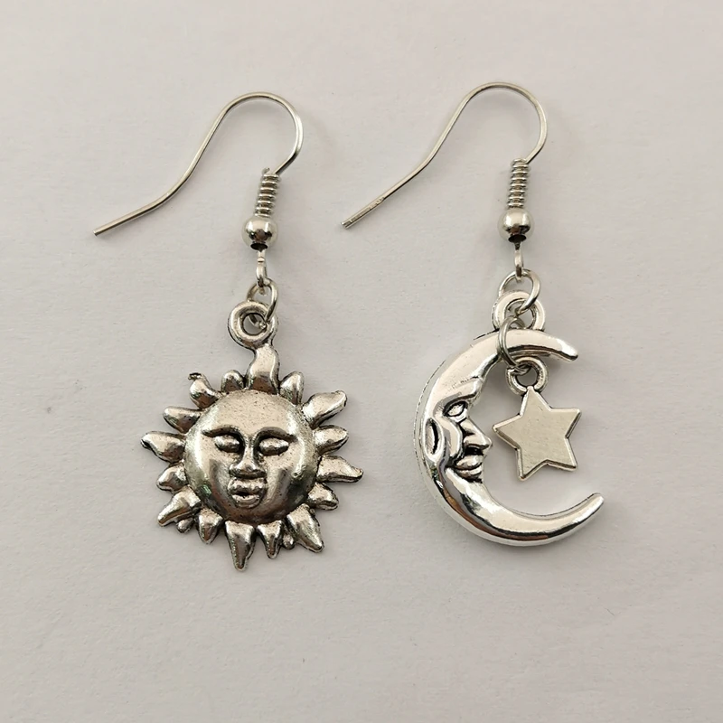 Handmade Mismatch Sun Moon And Star Drop Earrings Celestial Tibetan Silver Gift Wicca Pagan Crescent Moon Earrings Drop Earrings Aliexpress