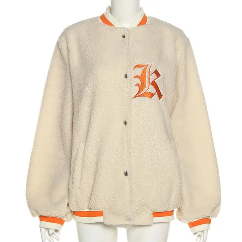 Fur Faux Baseball Jacket Varsity Women Oversized Bomber Cloat 2021 Autumn Winter Loose Long Sleeve Outwear Streetwear