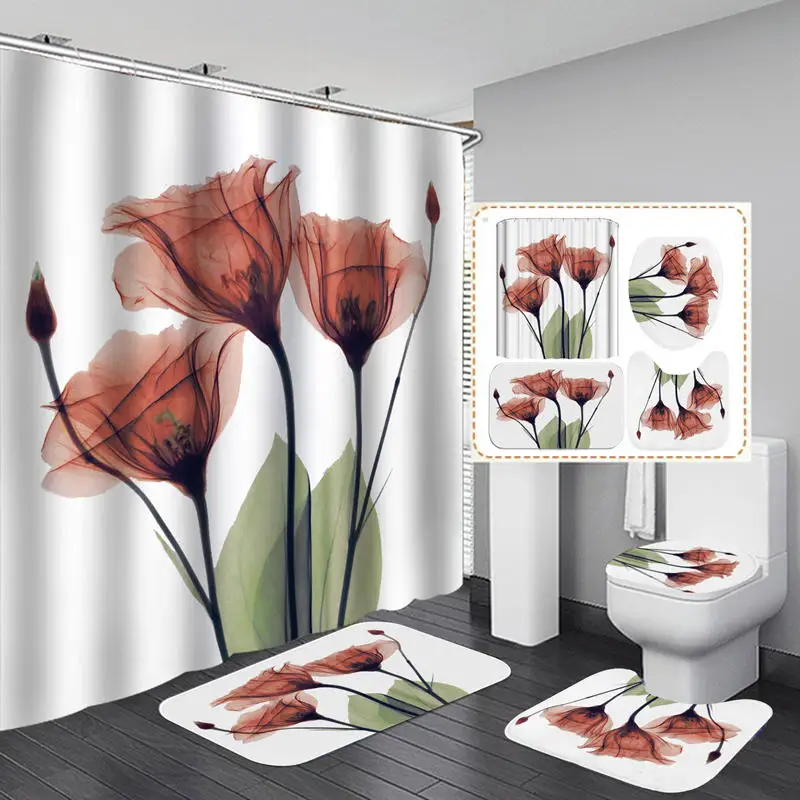 

Flower Art Flannel Non-Slip Bath Mat Toilet Cover Rugs Shower Curtain With 12 Hooks Bathroom Decor Set
