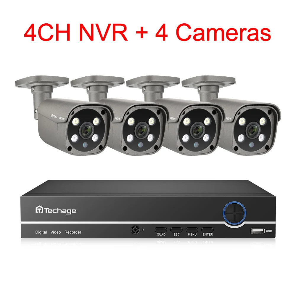 4CH NVR 4 Cameras Techage 4CH 5MP POE NVR AI обнаружения человека IP камера системы H.265 двухстороннее аудио Открытый HD безопасности CCTV видеонаблюдения комплект - Цвет: 4CH NVR 4 Cameras