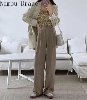High Waist Wide Leg Pants Capris Women Buttons Fly Solid Loose Office Casual Female Suit Pants Trousers Femme 2020 High Waist Wide Leg Pants Capris Women Buttons Fly Solid Loose Office Casual Female Suit Pants Trousers Femme 2020