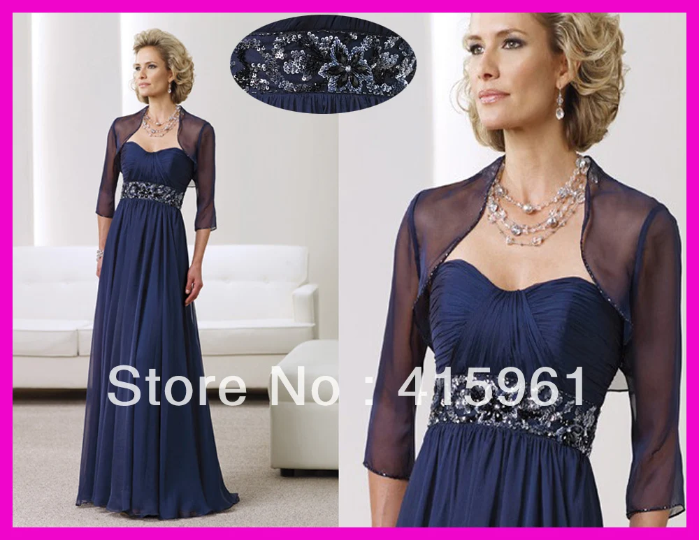 

free shipping 2019 new fashionable Exquisite Royal Blue Beaded Chiffon Long Sleeves custom Mother of the Bride Dress With Jacket