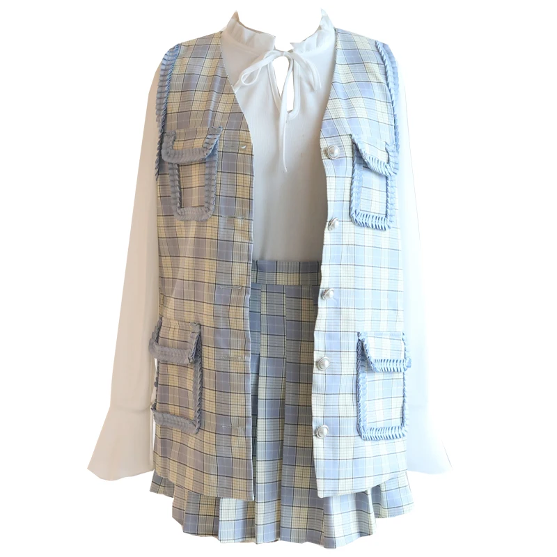 Instituut Lange Mouwen T-Shirt Geplooide Buste Plaid Rok Mouwloze Jas Driedelig Pak Wit Overhemd Grid Kleding Set vrouwen