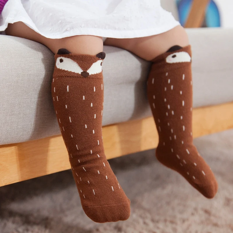 Хлопковые осенне-зимние носки для малышей Детские носки до колена с принтом животных для мальчиков и девочек Нескользящие гетры с рисунком кота, От 1 до 6 лет