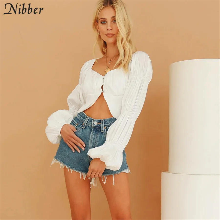 Nibber/Французский романтичный сексуальный тонкий укороченный топ, женские модные футболки, весенний топ с пышными рукавами, уличная одежда, Повседневные Вечерние футболки для женщин