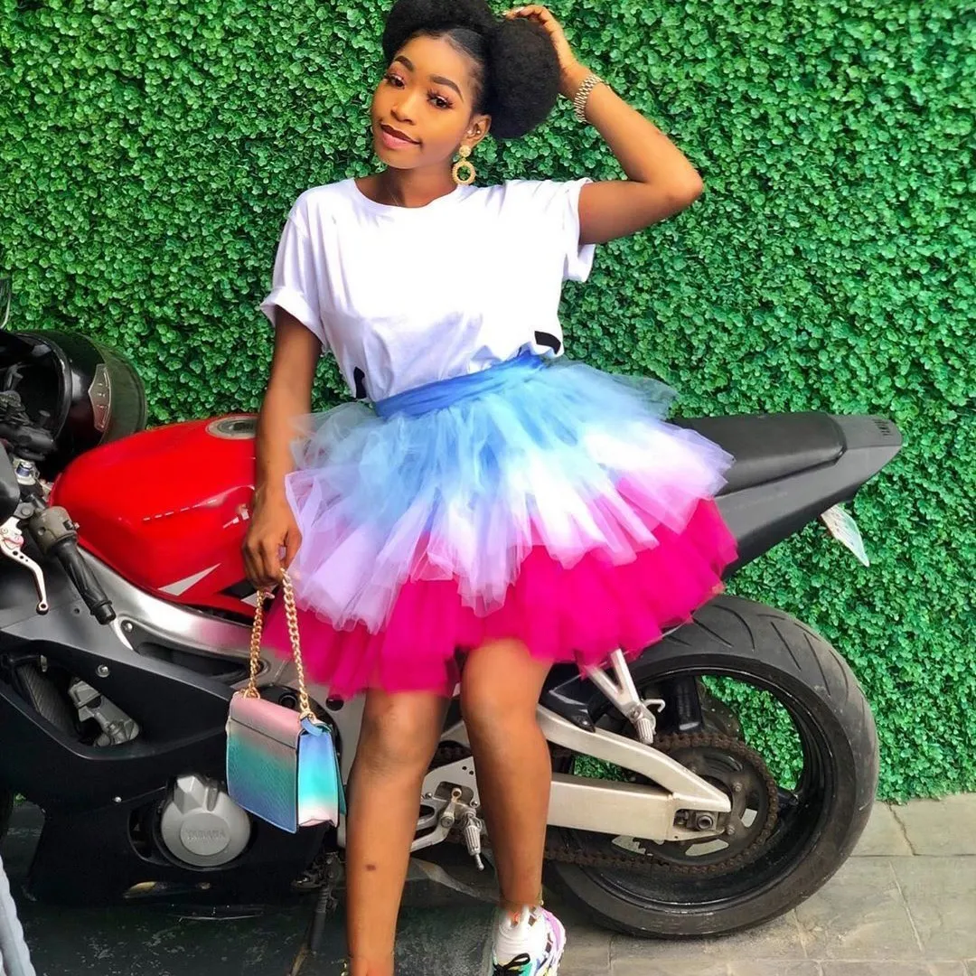 Rainbow Seersucker Mini Tutu Skirt Women Cascading Ruffle Layered Ladies School Ball Gown Skirt Party Mesh Skirt