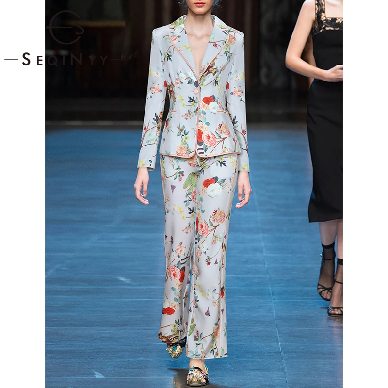 

SEQINYY Vintage Suit Blazer + Slim Long Pants Flowers Bird Print 2020 Spring Autumn New Fashion Design Women Runway Set