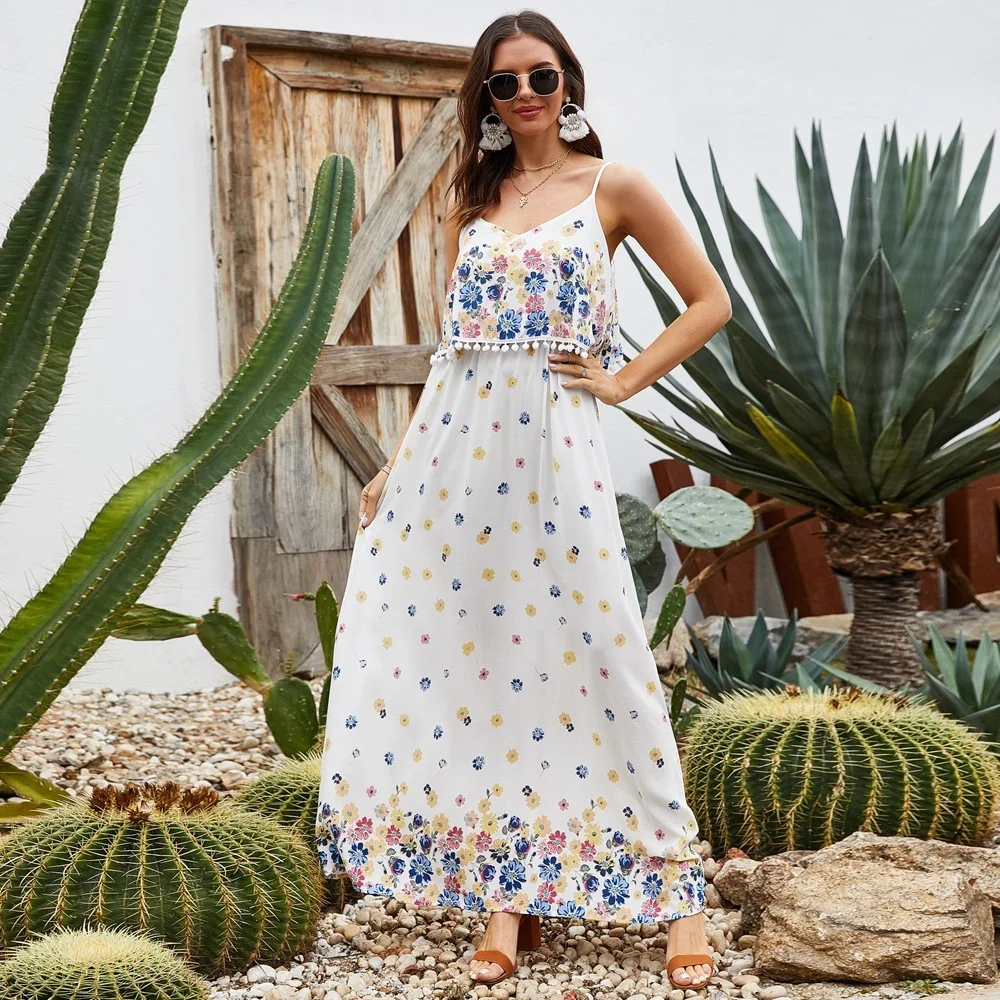 

Elegant Printed Summer Dress A-Line Ruffles V-Neck Spaghetti Straps Tassel Sleeveless Casual Maxi Dress Vestidos De Verano 2020