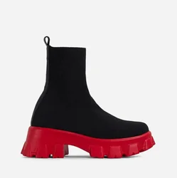 New Autumn and Winter Fabric Shoes Women Mid-Calf Thick Heel Chelsea Booties Red Chunky Sole Platform Sock Boots Stretch