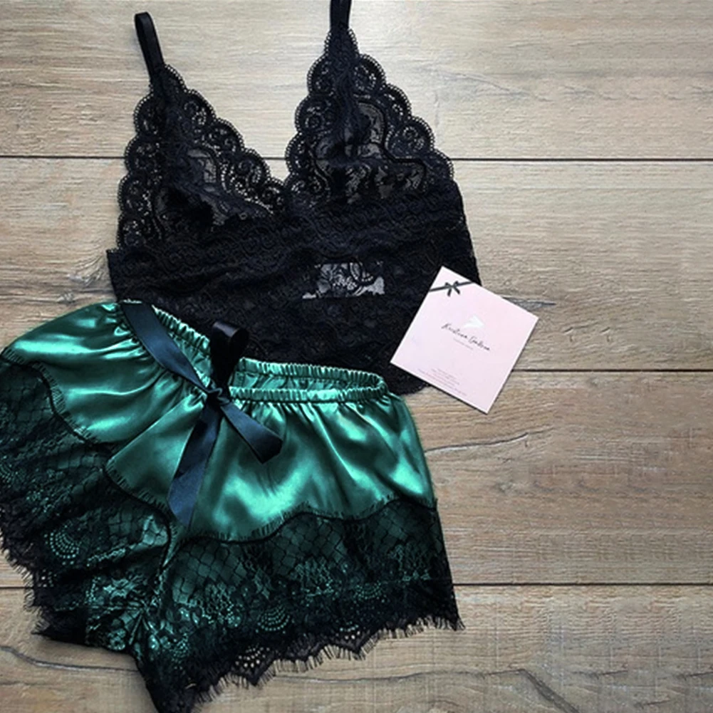 

Women Lightweight Sexy Bowknot Gift Soft Summer Spandex Camisole V Neck Sleepwear Set Lace Trim Lingerie Comfortable