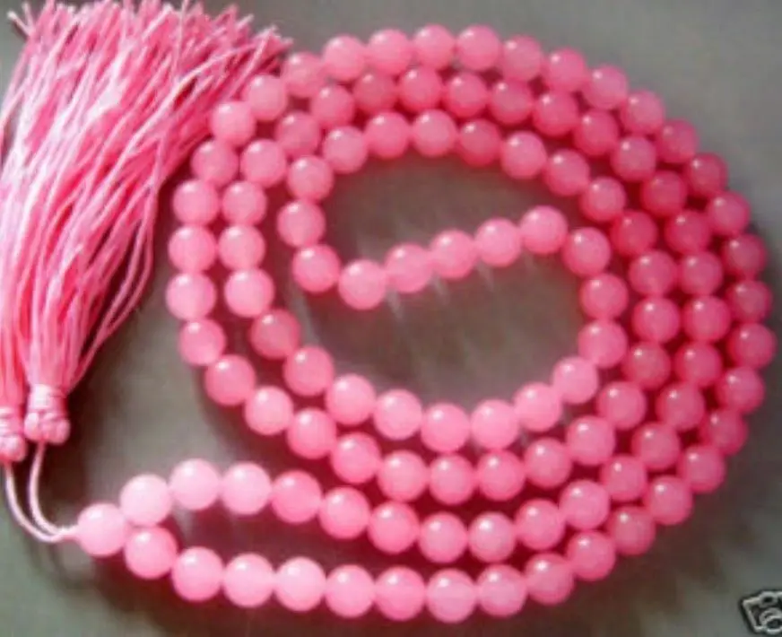 

new Buddhist 108 Pink Mala Jade Necklace Prayer Beads 6mm