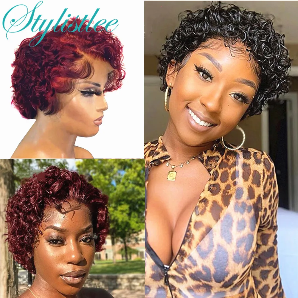 Pixie Cut Curly Wig 99J Red Short Brazilian T Part Lace Front 100% Human Hair Wigs For Women Highlight Black Remy | Шиньоны и парики