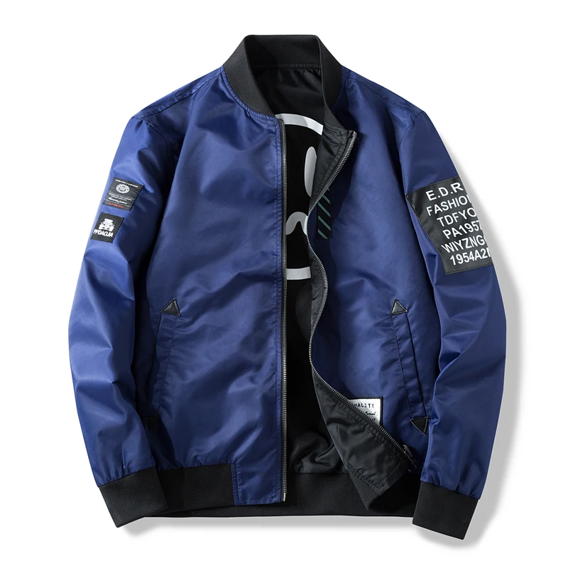 Мужская куртка-бомбер, тонкая мужская одежда, Повседневная ветровка, мужская куртка-пилот с заплатками, зеленое тонкое мужское пальто, верхняя одежда, ZA267 - Цвет: Blue Jacket A