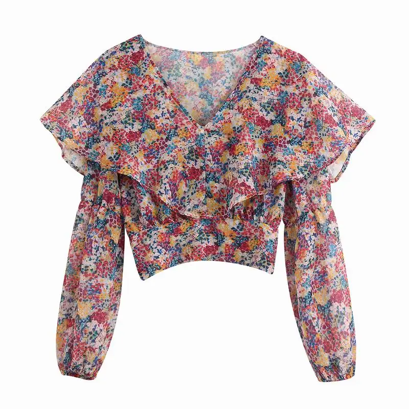 

Women Blouse Spring 2020 New Clothing Vintage Prints V-Neck Modern Lady Crop Top Pullover Chiffon Shirts