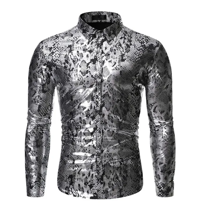 sliver Мужские сексуальные платья с принтом змеи, рубашки Chemise Homme, новая брендовая рубашка для ночного клуба, мужская приталенная рубашка с длинными рукавами - Цвет: sliver