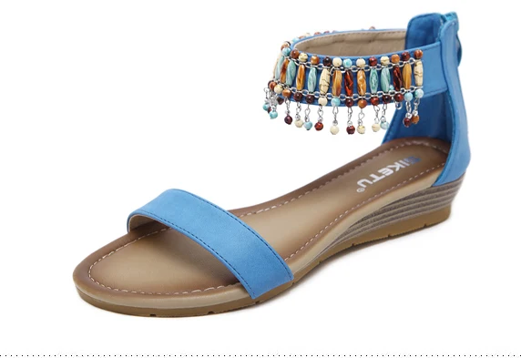 Босоножки на танкетке Женская летняя обувь сандалии-гладиаторы с ремешками на лодыжках пляжная обувь с бусинами женские сандалии в богемном стиле Mujer