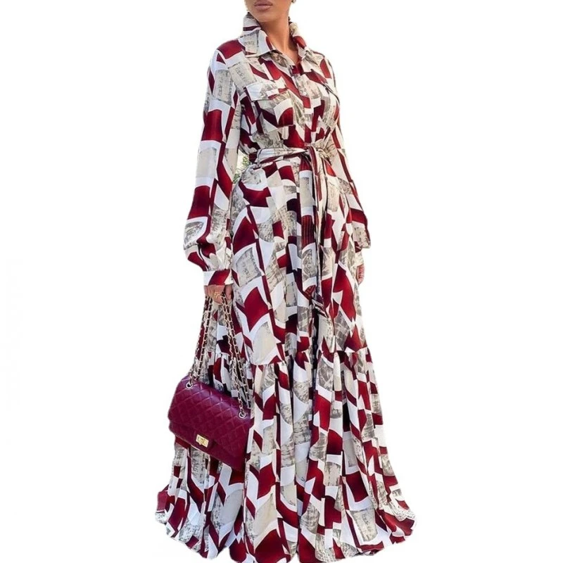 African Shirt Maxi Dress Women High Waist Full Sleeve Robes Spring New Fashion Print Elegant Streetwear African Dresses Vestidos african fashion designers