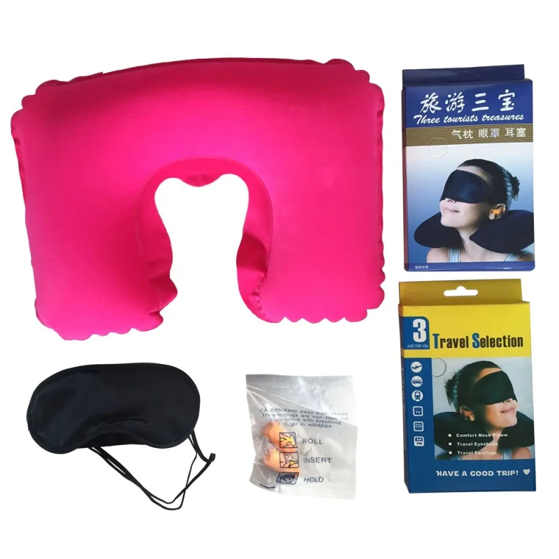 

3Pcs Soft U-Shape Pillow Car Flight Travel Inflatable Neck Head Rest Cushion Pillow Neck Rest Pillow with Eyeshade Earplugs