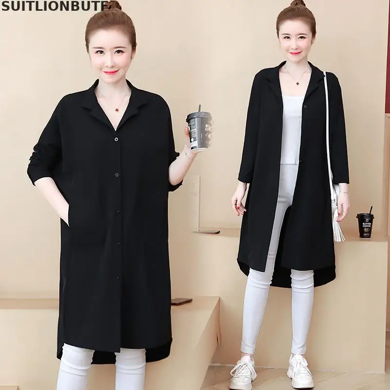 

L-5XL Plus Size Womens Tops And Blouses Solid Notched Collar Single-breasted Long Loose Shirt Back Print Casual OL Blouse Women