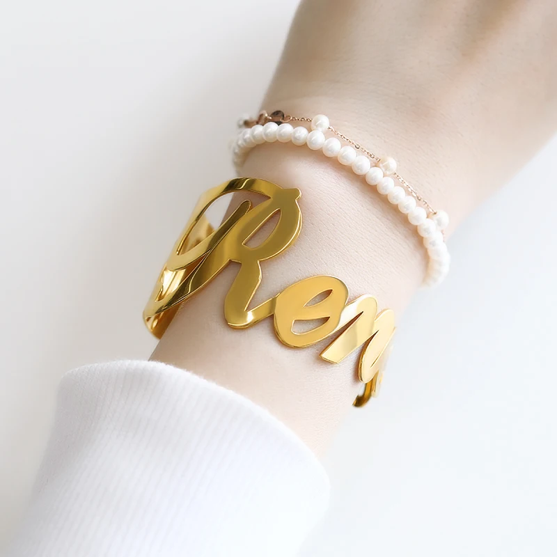 Name-Bracelets Charm Customized Valentine Bangle Jewelry Gift Stainless-Steel Gold-Silver-Color