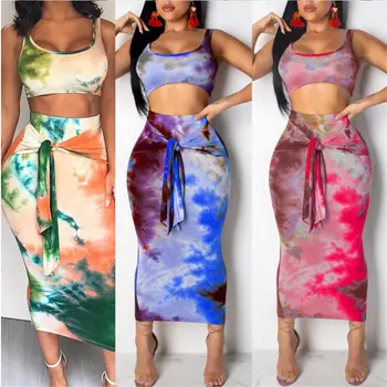 

2Pcs Set Women Clothes Suit Ladies Summer Sleeveless Crop Top Bandaged Skirt Streetwear Clubwear Plus Size S-2XL