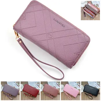 

LADY DOUBLE LAYER ZIP FAUX LEATHER WALLET WRISTLET PURSE CLUTCH BAG PHONE HOLDER
