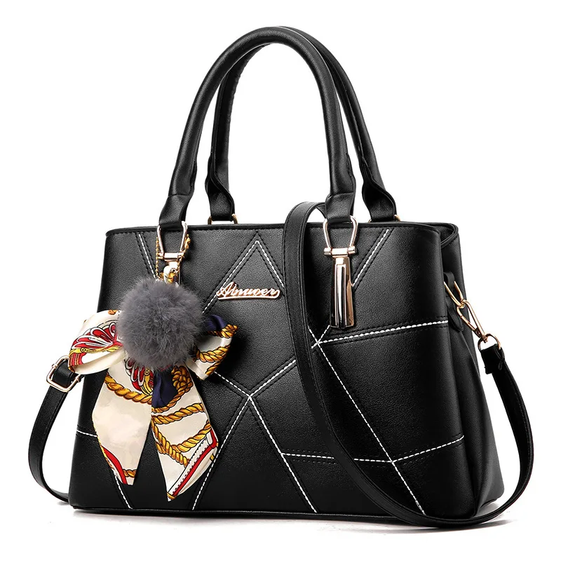 

Casual Women Handbags Luxury Designer Leather Hairball Silk Scarf Female Shoulder Bags Large Capacity Korean Patchwork Women Bag