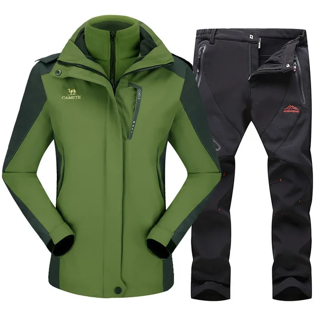 Лыжный костюм для женщин, уличные спортивные лыжные куртки, водонепроницаемая ветрозащитная куртка для сноуборда, штаны, зимние лыжные флисовые комплекты одежды - Цвет: Green Black