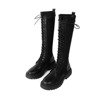 

Knight boots women's high boots 2019 Martin boots flying woven knight boots women's boots lace-up high elasticity but knee boots