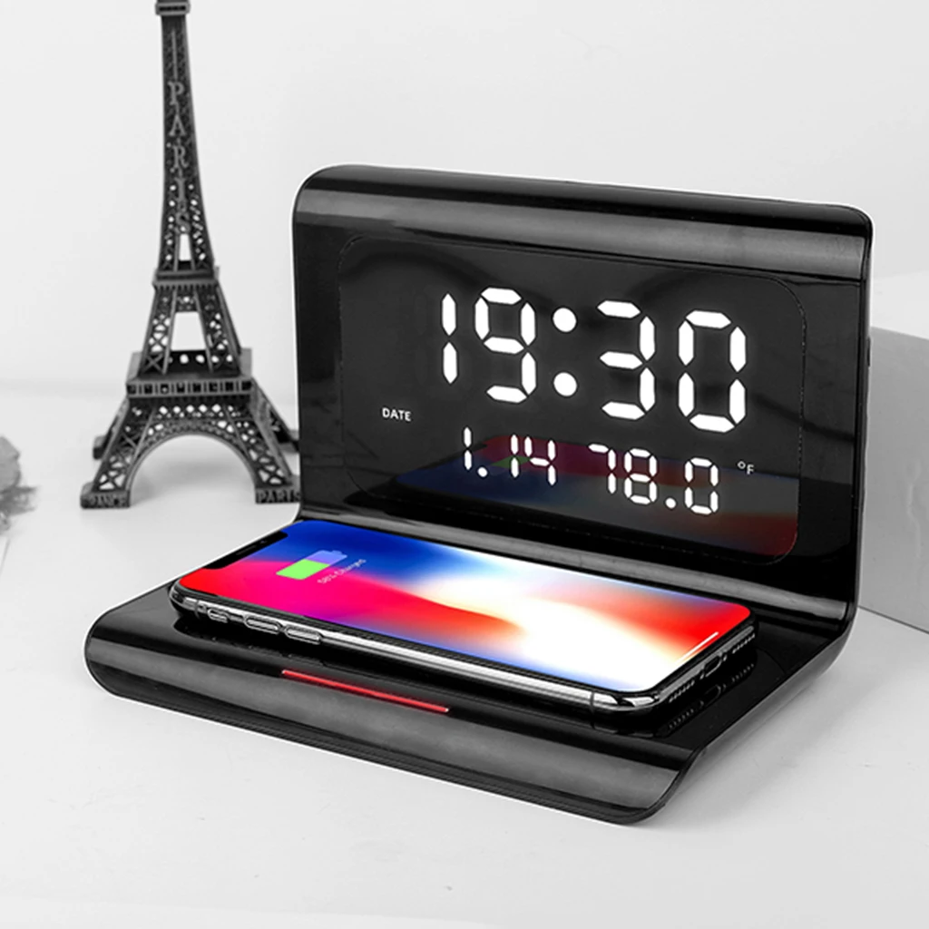 Electric Clock Perpetual Calendar Wireless Charger Desktop LED Digital Alarm Clock with 10W Wireless Mobile Phone Charging Pad