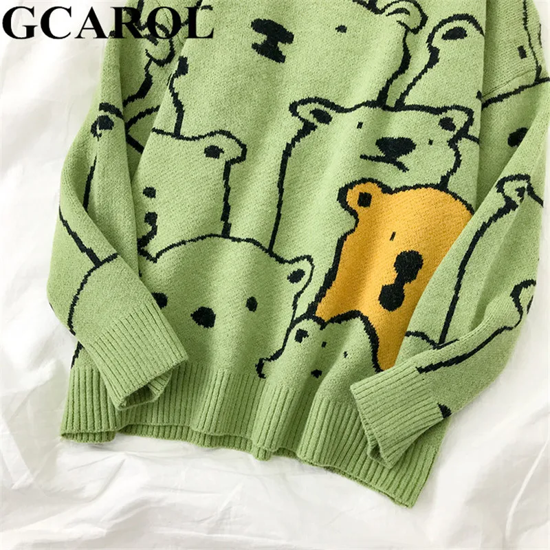 GCAROL, новинка, зимний свитер с рисунком медведя из мультфильма, свободный свитер большого размера в консервативном стиле, повседневный милый трикотажный джемпер для девочек