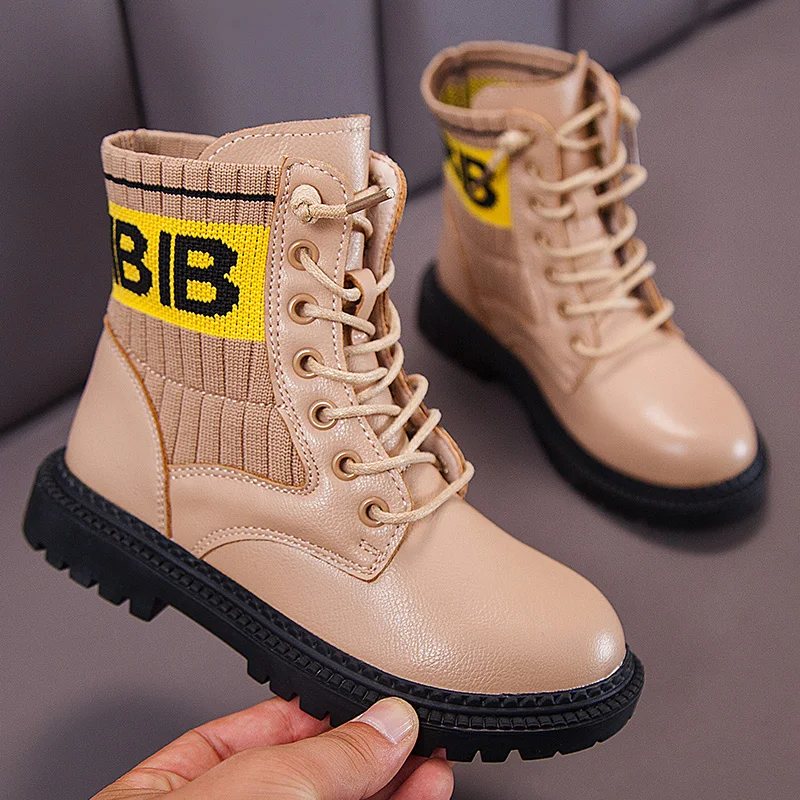 Botas de Moda Botas para Meninos Sapatos de Couro Crianças Martin Meninas Outono Inverno Remendado Estiramento Grosso Quente Algodão Borracha 12 Mamãe e Bebê