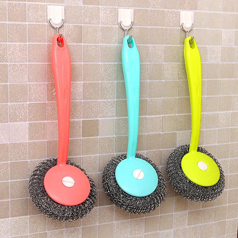 

Kitchen Brush Pot Wire Balls Plastic Long Handle Magic Metal Rust Remover Scourer Wash Solid Dishes Stainless Steel Cleaner Ball